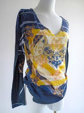 Cache Sheer V-Neck Blouse Blue Gold Baroque Print Size M